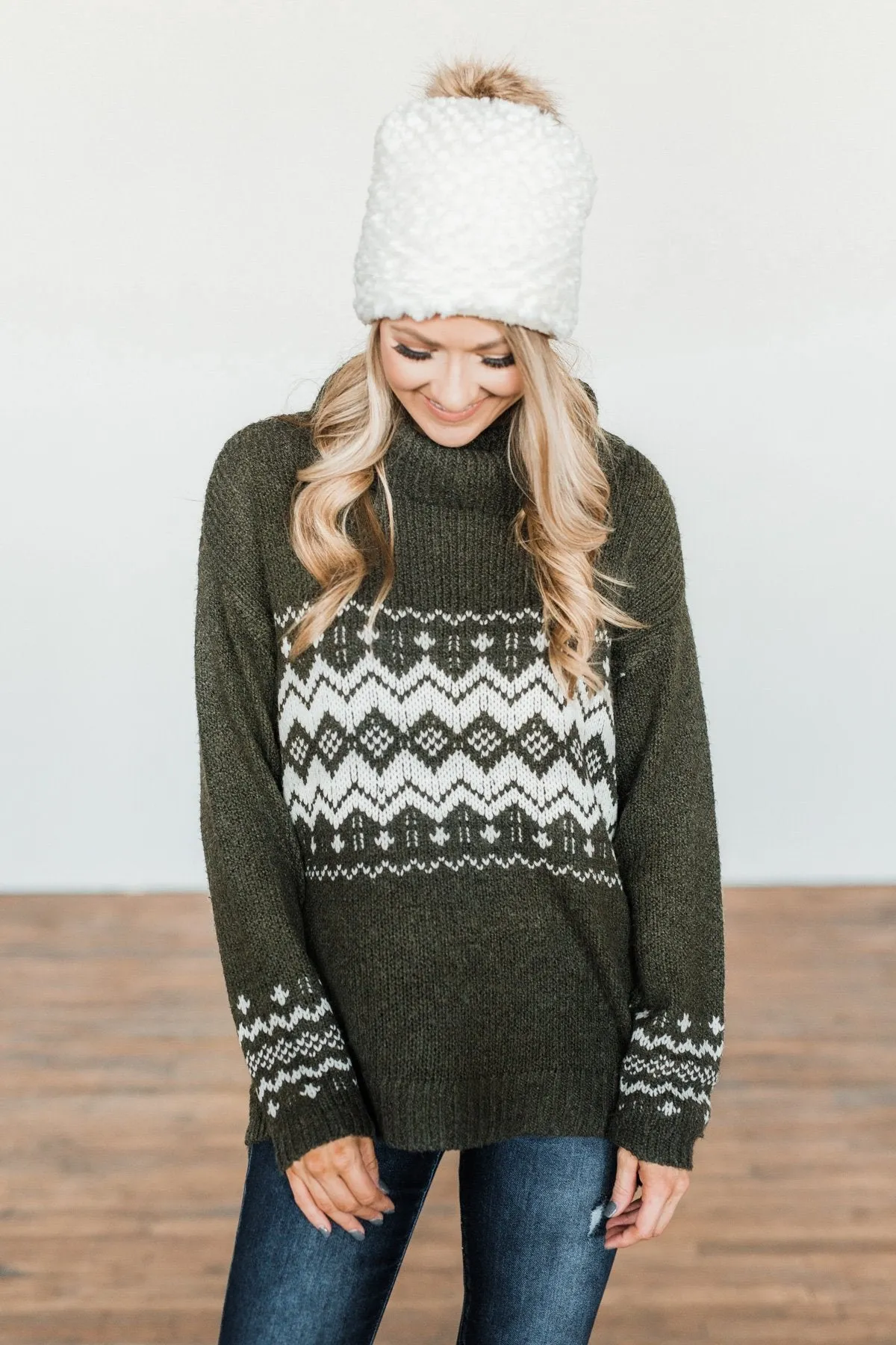 Snowflake Smiles Knit Turtle Neck Sweater- Army Green