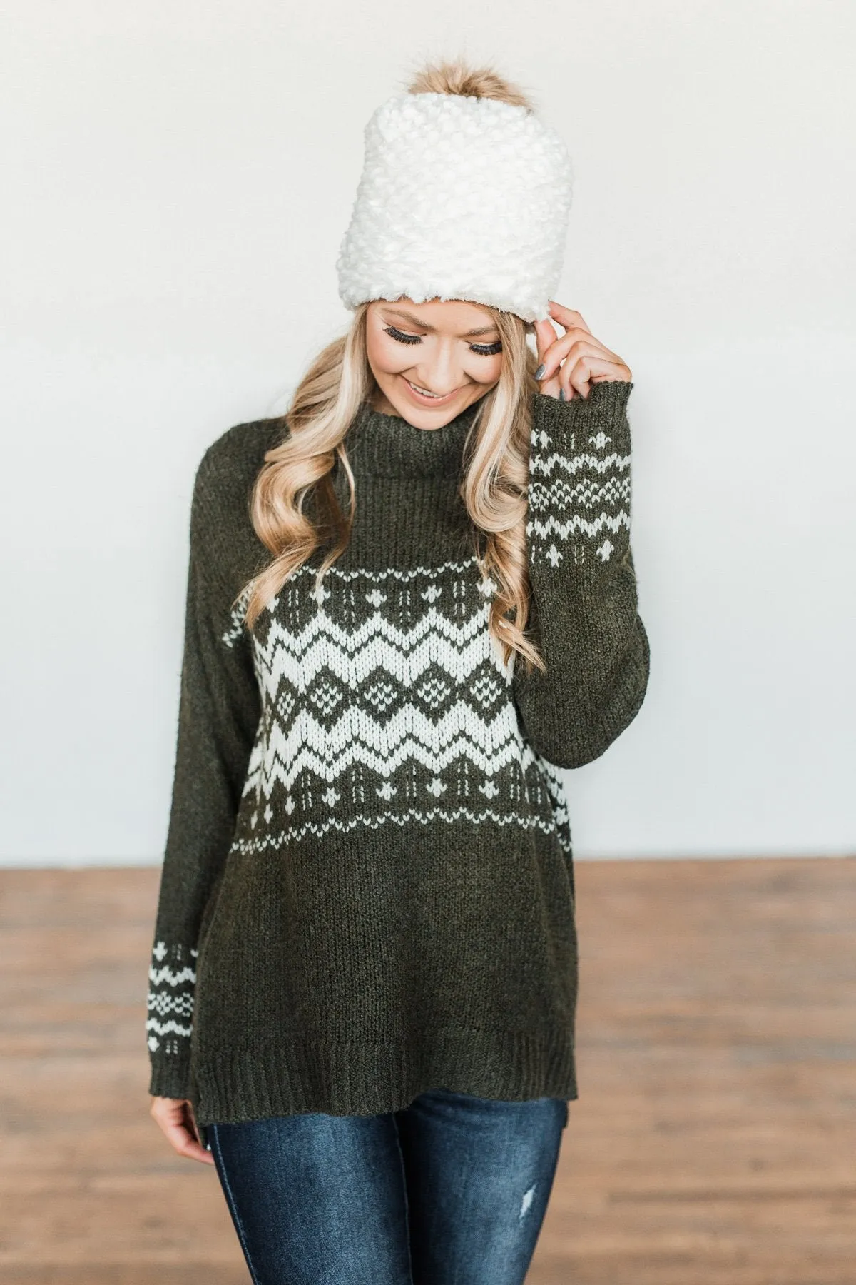 Snowflake Smiles Knit Turtle Neck Sweater- Army Green