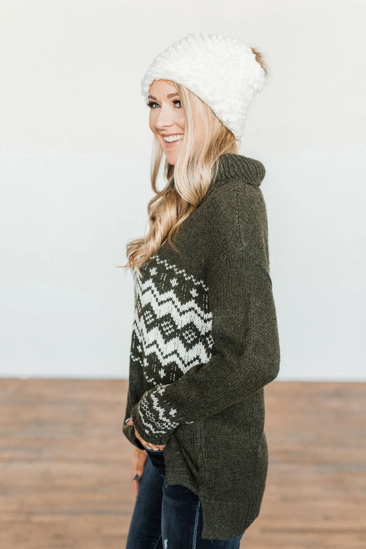 Snowflake Smiles Knit Turtle Neck Sweater- Army Green