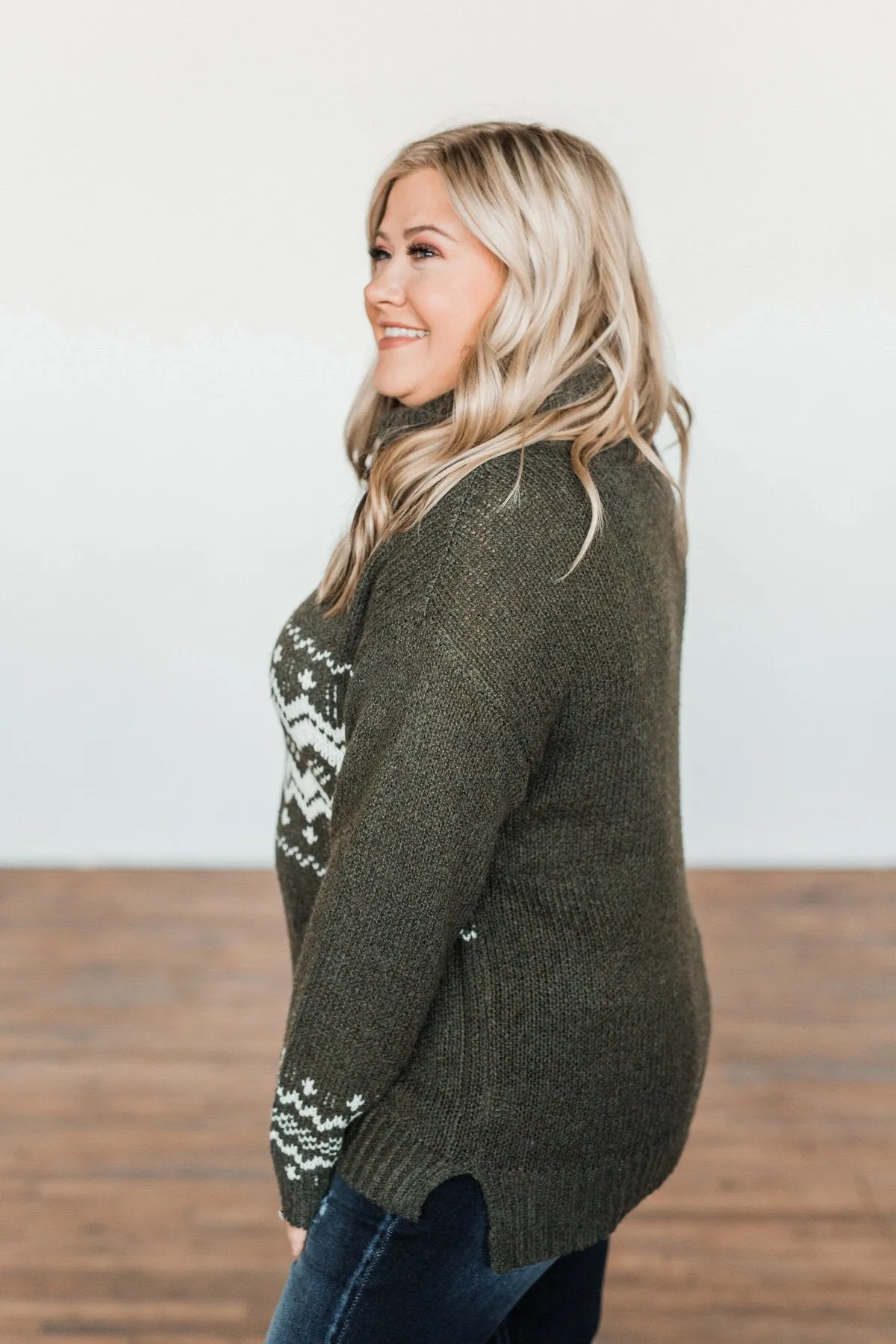 Snowflake Smiles Knit Turtle Neck Sweater- Army Green