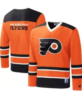 Starter Men's NHL Orange/Black Philadelphia Flyers Cross Check Jersey V-Neck Long Sleeve T-Shirt