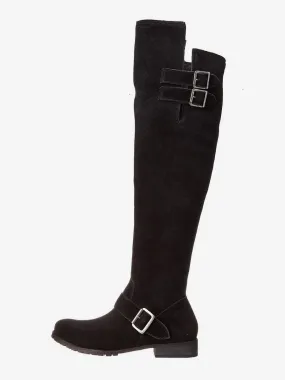 Suede Flat Boots Black Round Toe Buckle Detail Over The Knee Boots