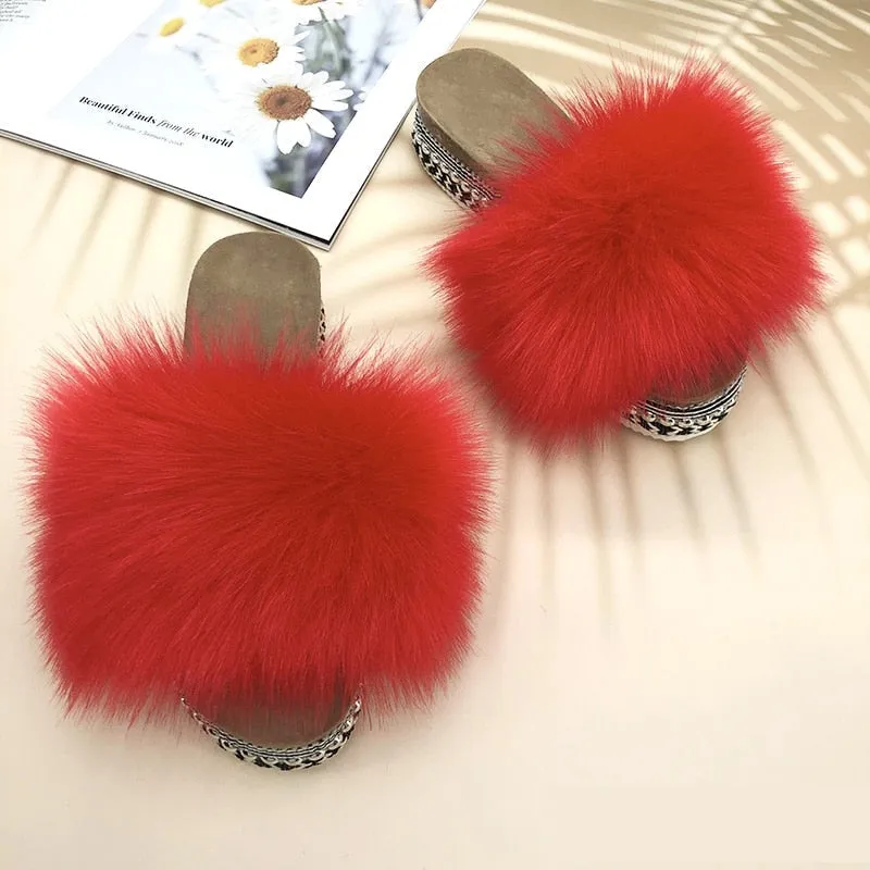 Summer Red Color Synthetic Fur Rivet Platform House Slippers for Women