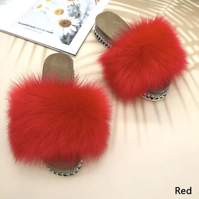 Summer Red Color Synthetic Fur Rivet Platform House Slippers for Women