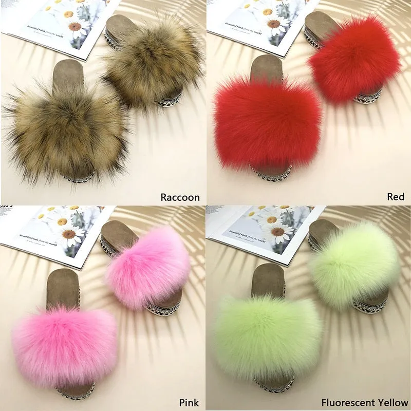 Summer Red Color Synthetic Fur Rivet Platform House Slippers for Women