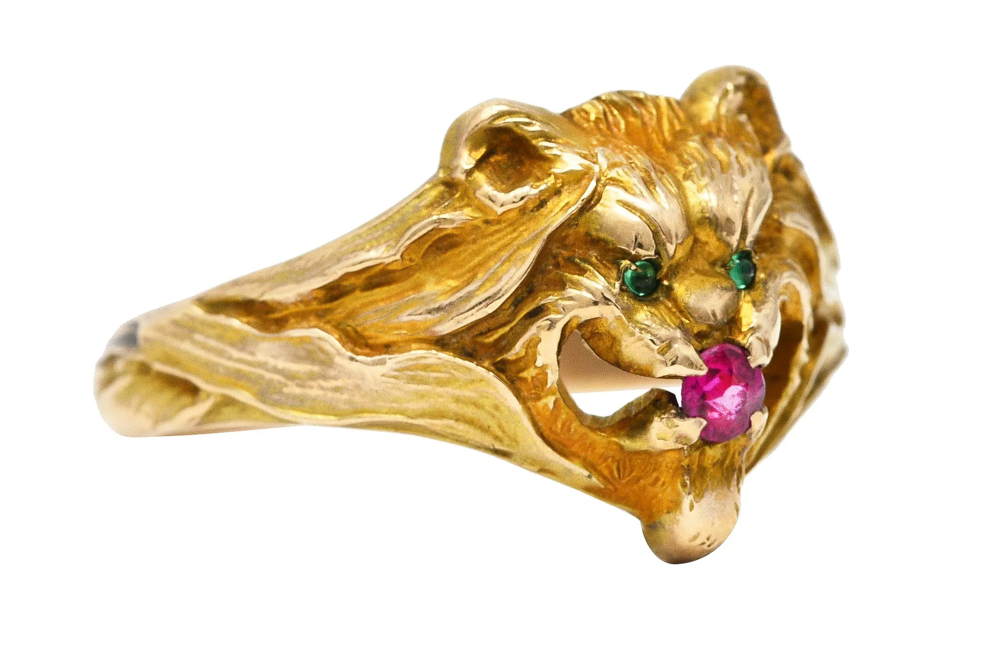 Victorian Emerald Ruby 14 Karat Yellow Gold Lion Grotesque Antique Ring