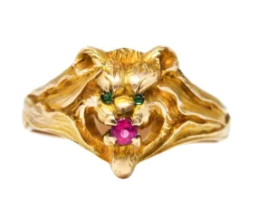 Victorian Emerald Ruby 14 Karat Yellow Gold Lion Grotesque Antique Ring