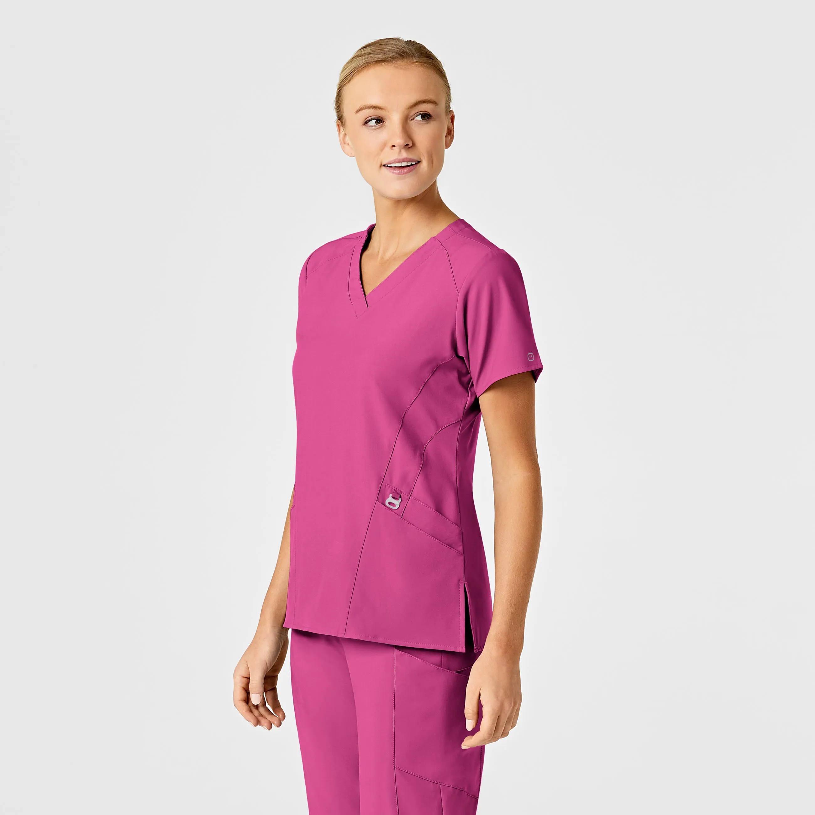 W123 Women's Stylized V-Neck Scrub Top - Hot Pink