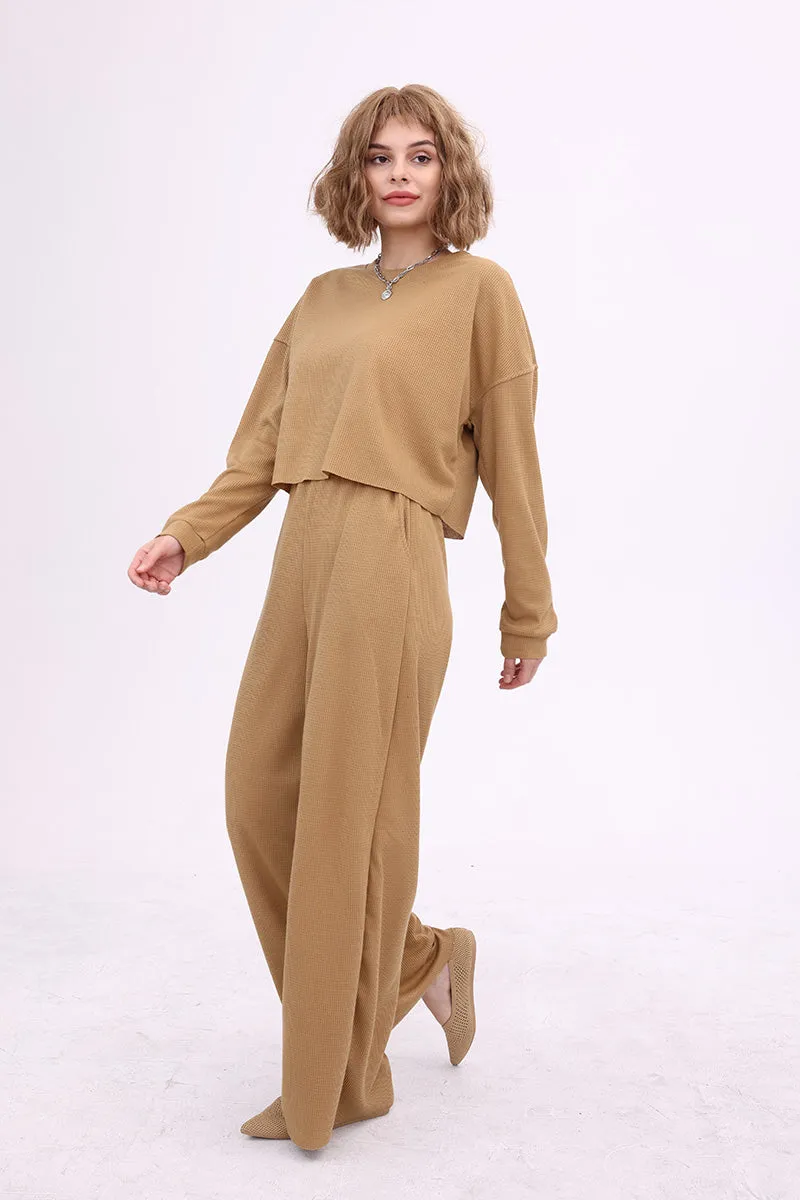 Waffle Solid Pullover Top & Knit Wide Pants