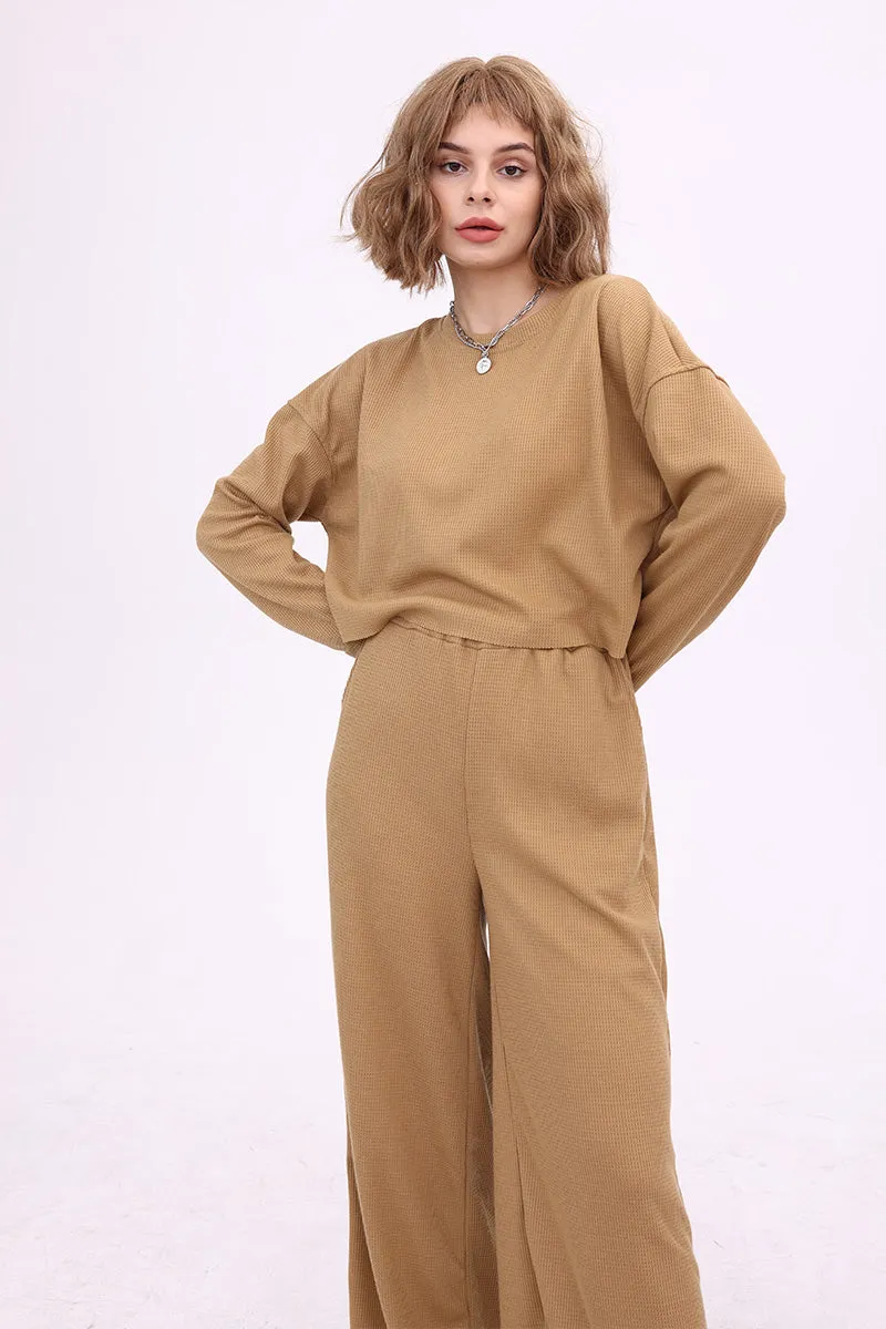 Waffle Solid Pullover Top & Knit Wide Pants