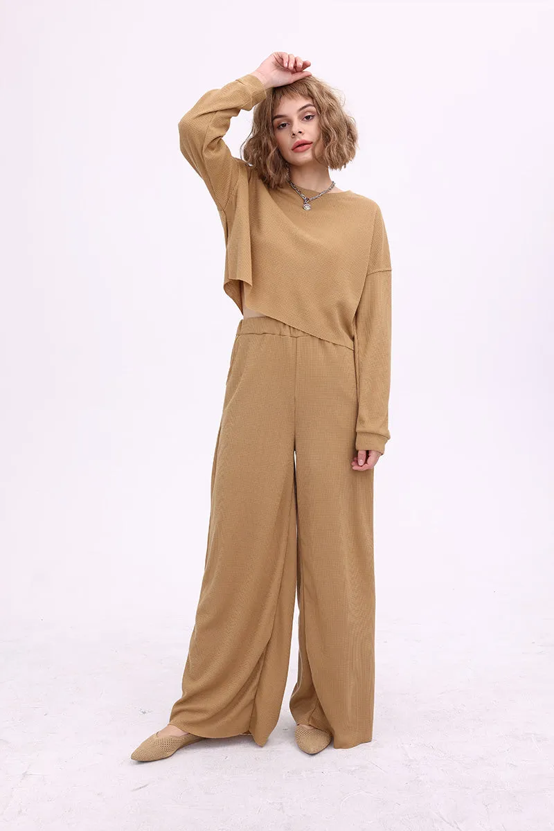 Waffle Solid Pullover Top & Knit Wide Pants