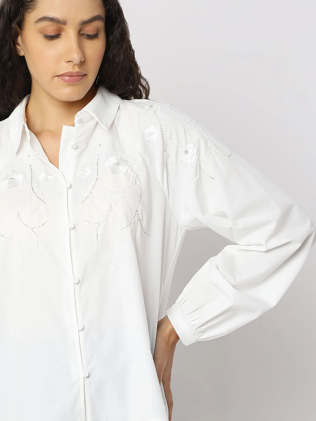 White Embroidered Cotton Shirt