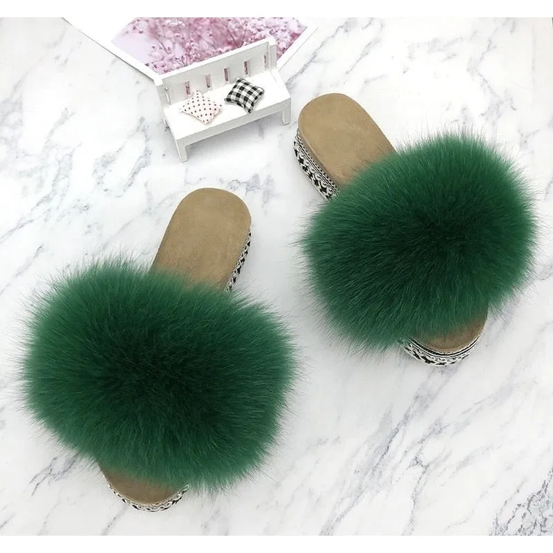 Women's Dark Green Summer Real Fur Rivets Platform House Slippers