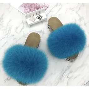 Women's Lake Blue Summer Real Fur Rivets Platform House Slippers