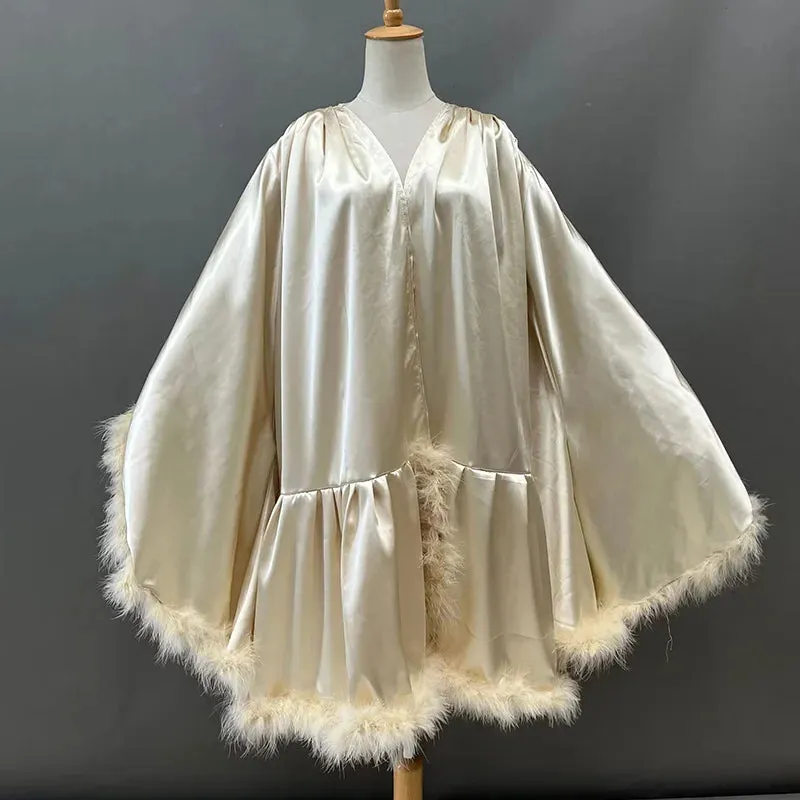 Women's Sexy Solid Pattern Ostrich Feather Fur Bridal Mini Bathrobe