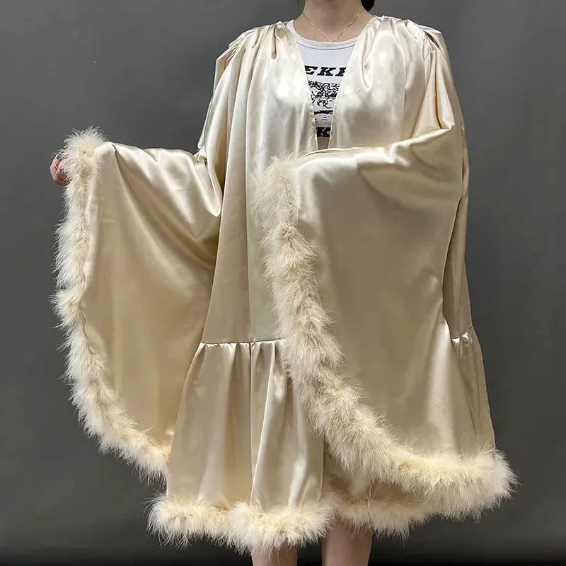 Women's Sexy Solid Pattern Ostrich Feather Fur Bridal Mini Bathrobe