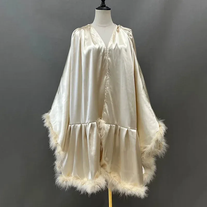 Women's Sexy Solid Pattern Ostrich Feather Fur Bridal Mini Bathrobe