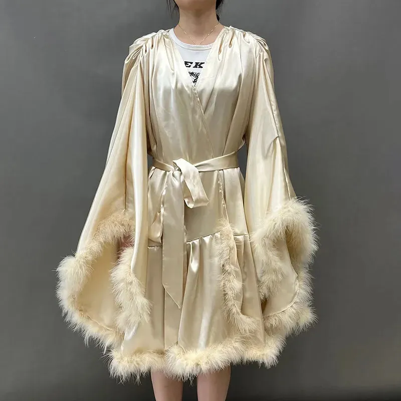 Women's Sexy Solid Pattern Ostrich Feather Fur Bridal Mini Bathrobe