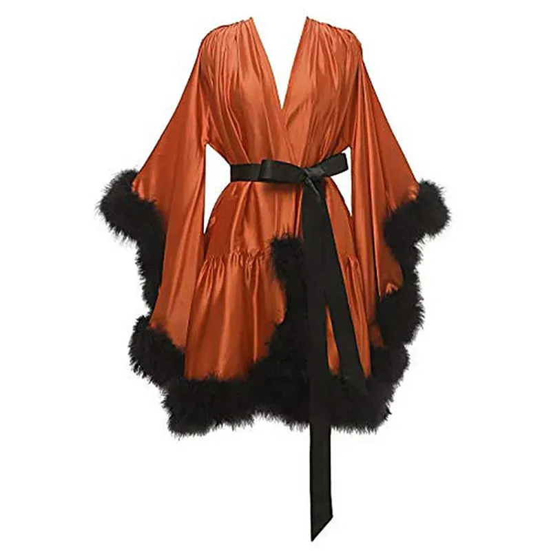 Women's Sexy Solid Pattern Ostrich Feather Fur Bridal Mini Bathrobe