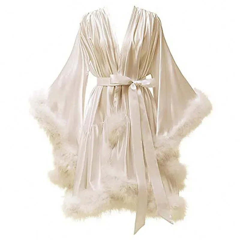 Women's Sexy Solid Pattern Ostrich Feather Fur Bridal Mini Bathrobe