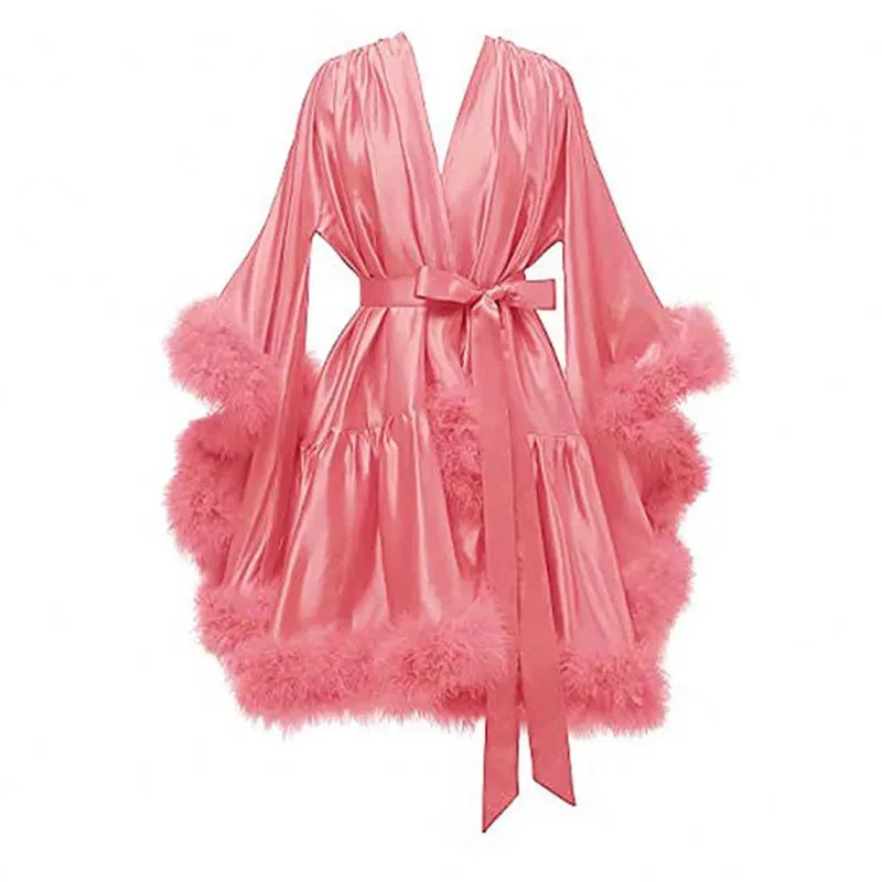 Women's Sexy Solid Pattern Ostrich Feather Fur Bridal Mini Bathrobe