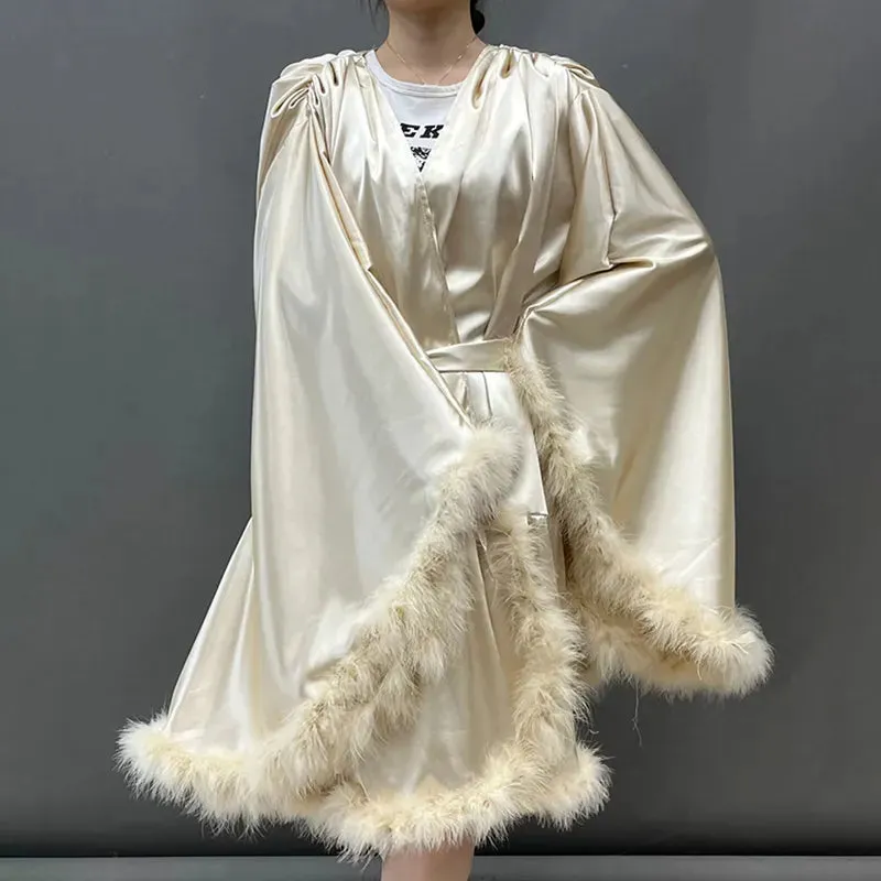 Women's Sexy Solid Pattern Ostrich Feather Fur Bridal Mini Bathrobe