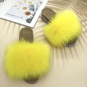 Women's Summer Luxury Yellow Synthetic Fur Rivet Platform House Slippers