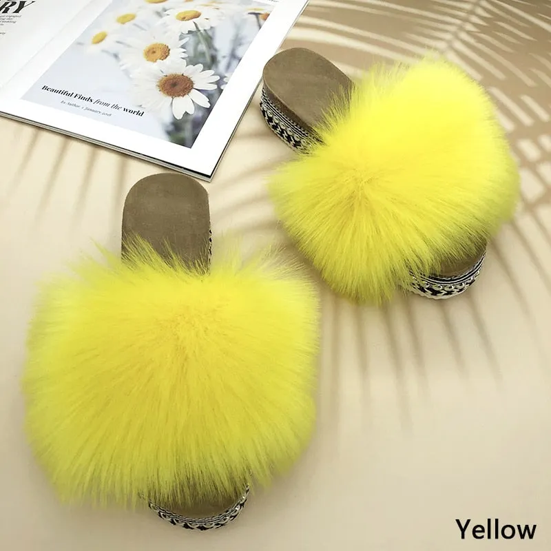 Women's Summer Luxury Yellow Synthetic Fur Rivet Platform House Slippers