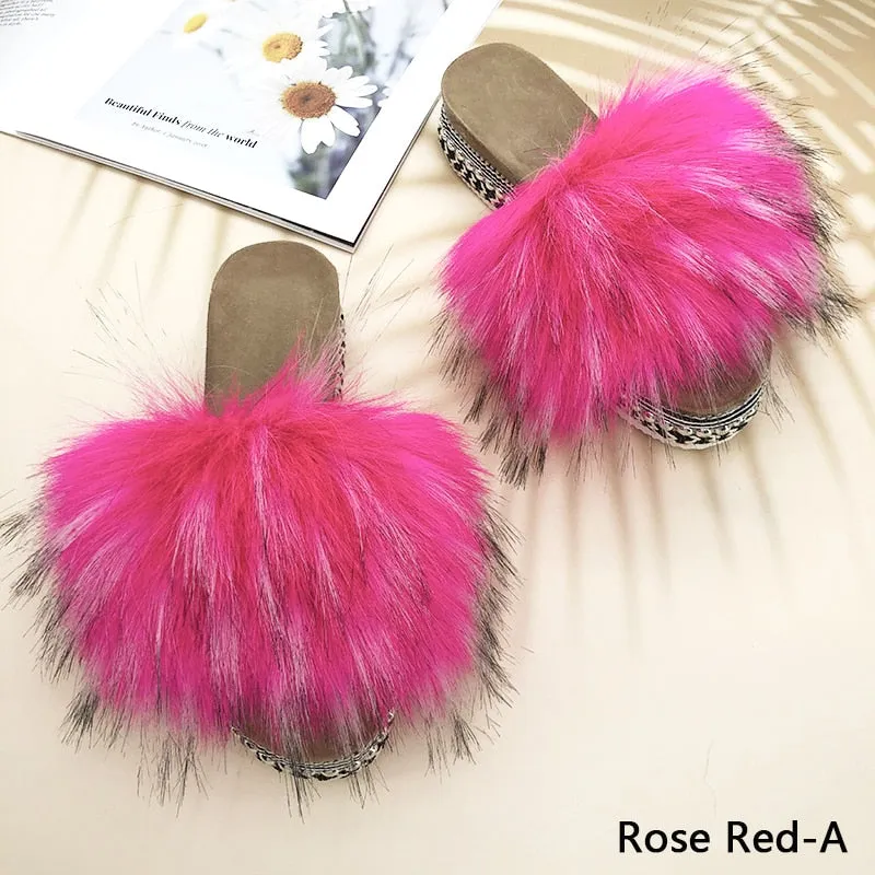 Women's Summer Rose Red Synthetic Fur Rivet Platform House Slippers