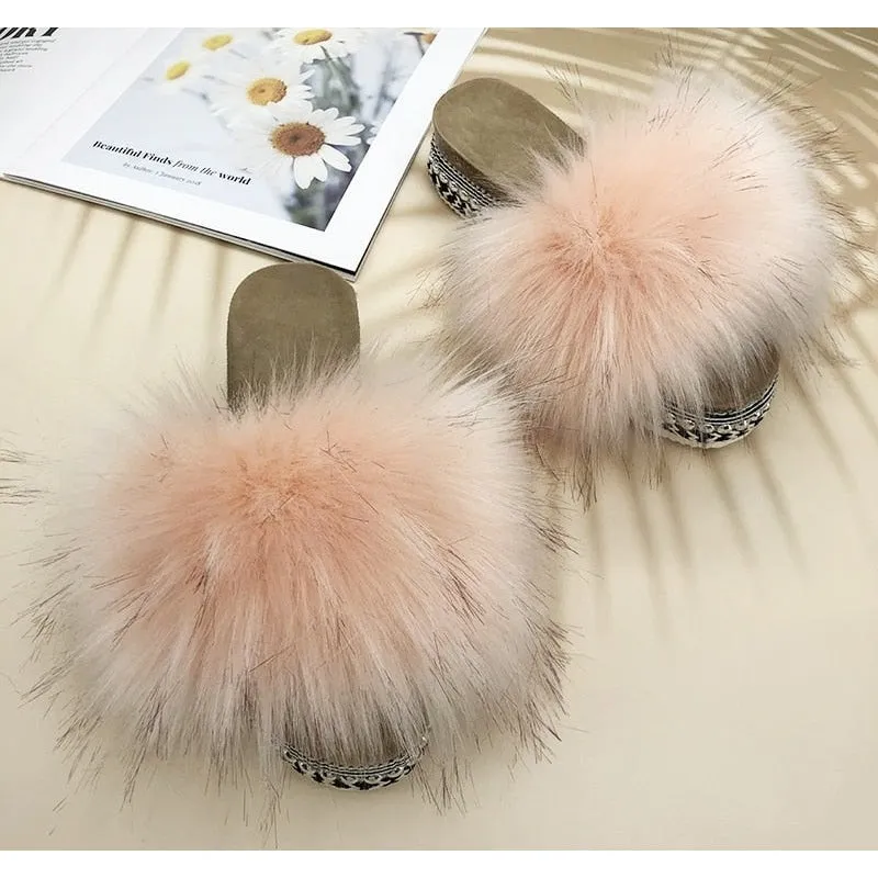 Women's Summer Rubber Powder Synthetic Fur Rivet Platform House Slippers