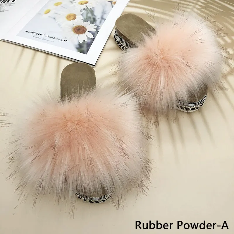 Women's Summer Rubber Powder Synthetic Fur Rivet Platform House Slippers