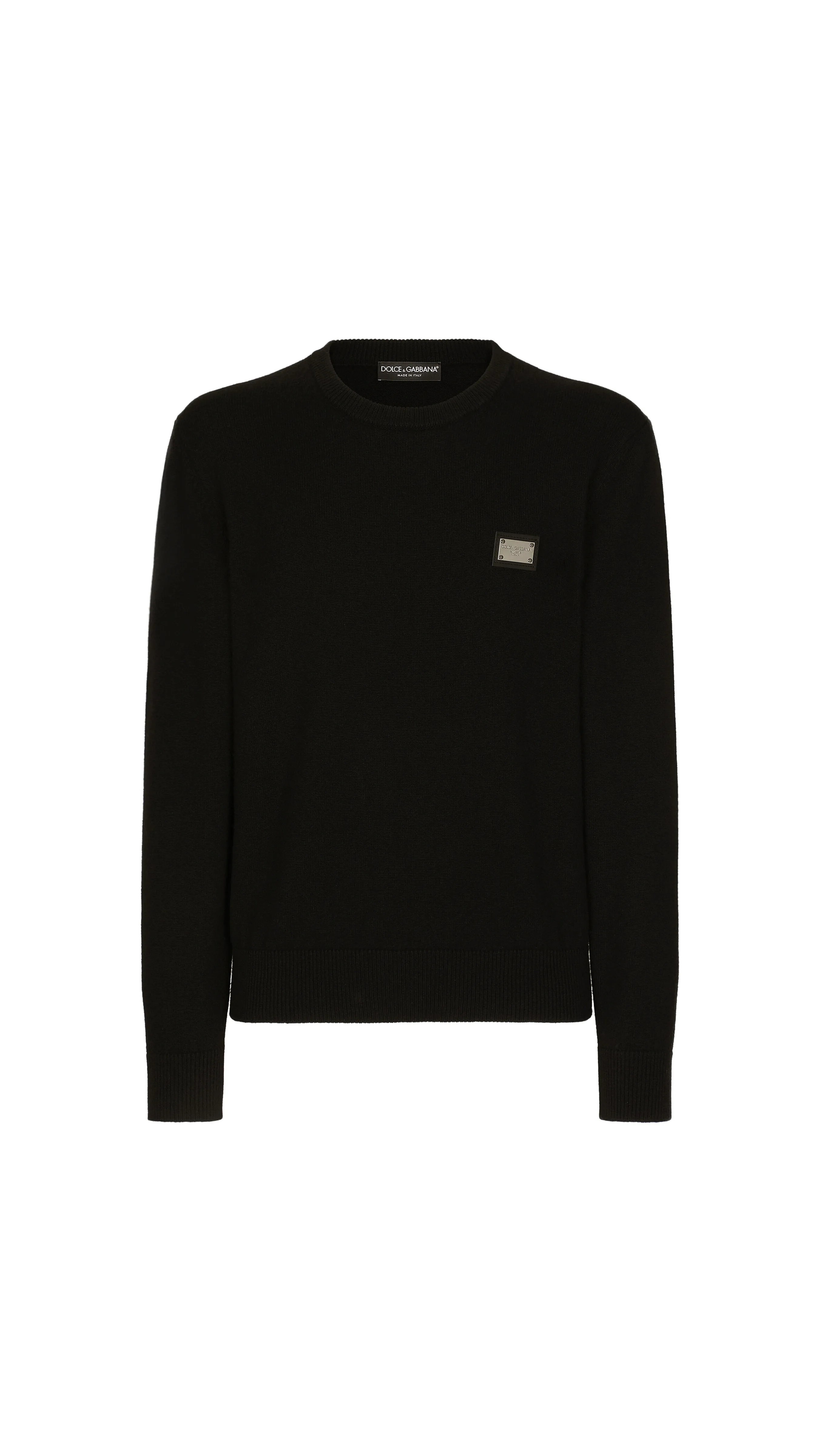 Wool Round-neck Sweater with Branded Tag - Black