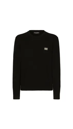 Wool Round-neck Sweater with Branded Tag - Black